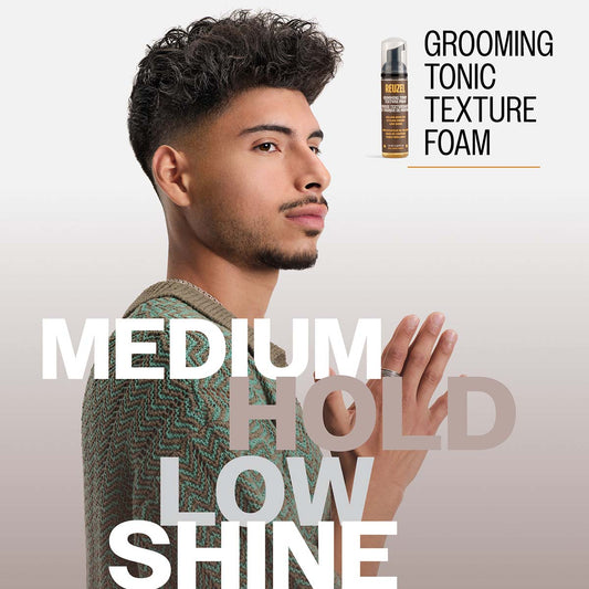 White to grey gradiant backround with male model with black short curly hair and mustache with short beard
GROOMING
TONIC
TEXTURE
FOAM
MEDIUM
HOLD
LOW
SHINE