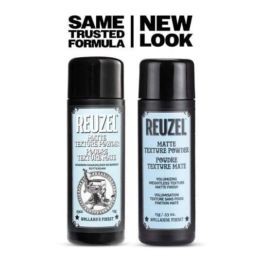 Side by side old packaging and new packaging for Matte Texture Hair Powder - same trusted formula, new look!