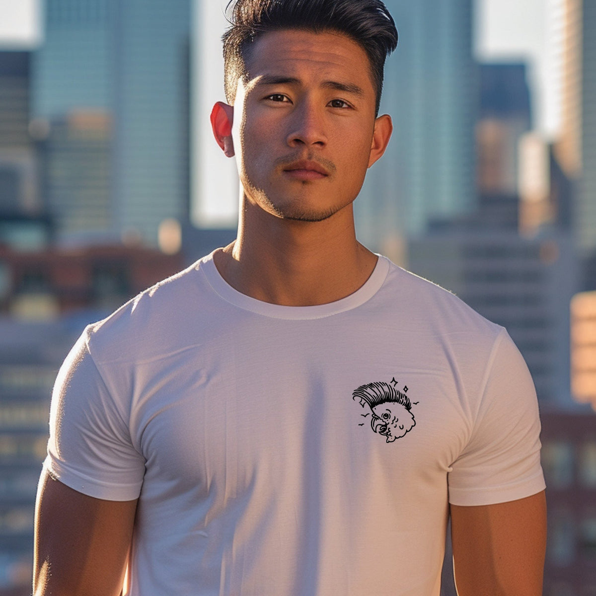 White T Shirt with Bird with Mohawk design on front left breast of shirt
