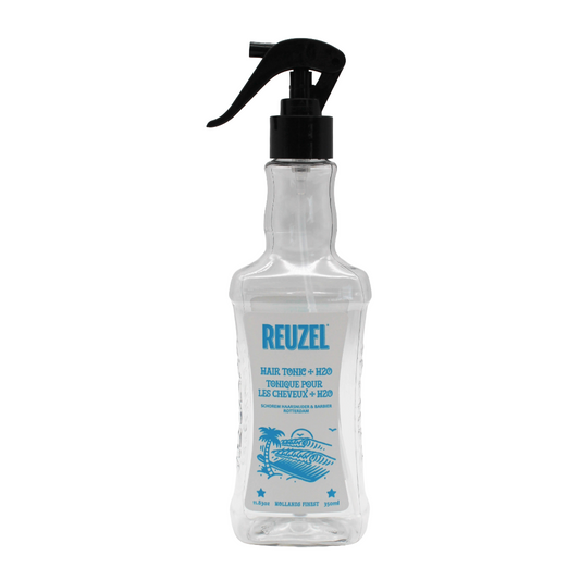 Clear spray bottle with black nozzle labeled 'Reuzel' on a white background