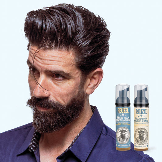 Man with brown beard styled with REUZEL beard foam. Image shows both beard foam fragrances.