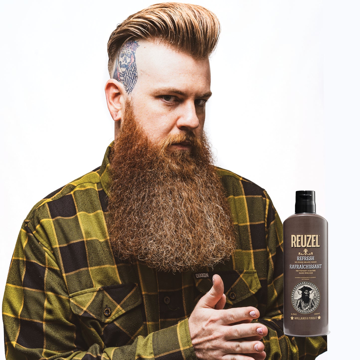 REUZEL Refresh No Rinse Beard Wash used on male model with brown beard