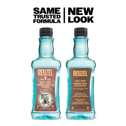 "Same Trusted Formula | NEW LOOK" Reuzel Hair Tonic old packaging next to new packaging