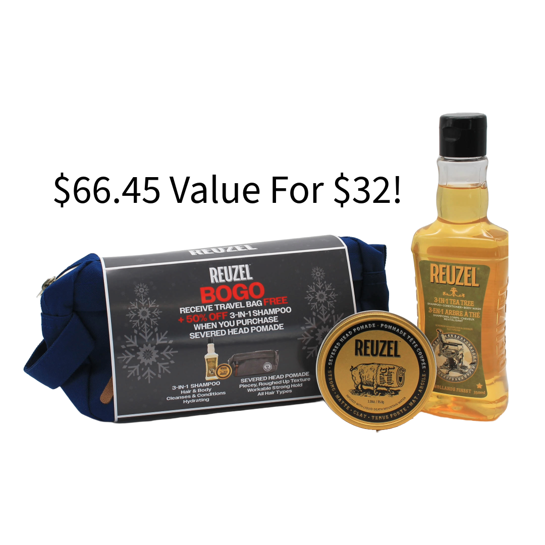 Get a FREE travel bag PLUS 50% off 3-in-1 Shampoo when you buy Severed Head Pomade! Just $32 for $66.45 value