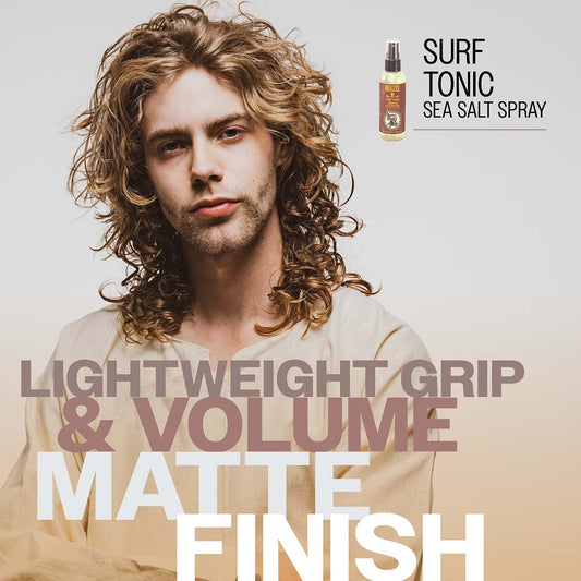 White to yellow gradiant backround with male model with blonde long curly hair and short beard
SURF TONIC SEA SALT SPRAY
LIGHTWEIGHT GRIP & VOLUME
MATTE FINISH