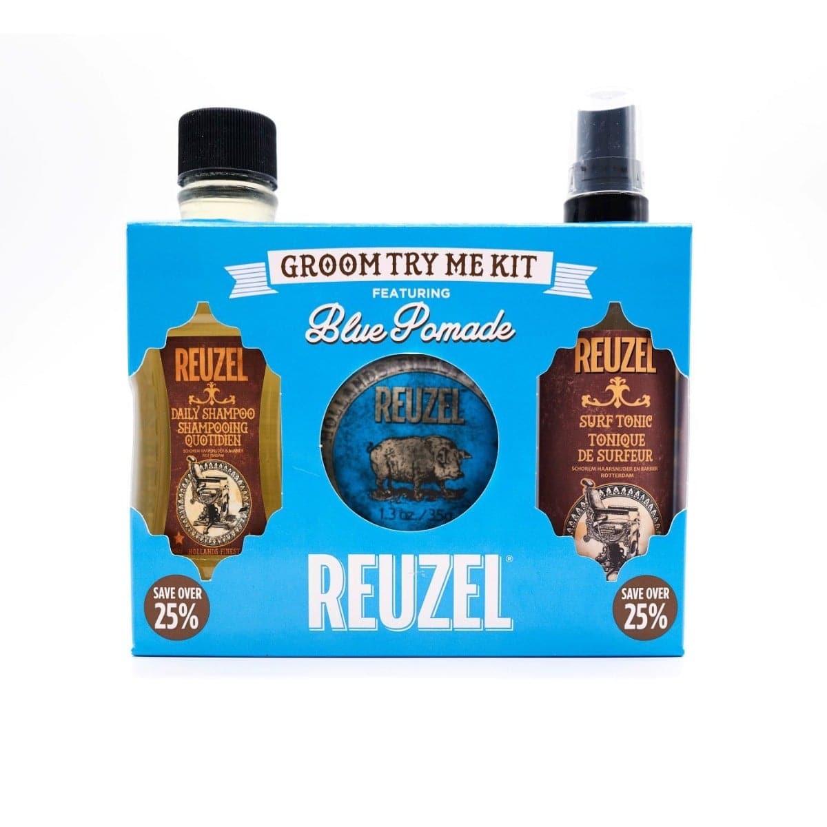 Blue Try Me Kit Contains 1 Travel Size Blue Pomade (1.3oz/35g), 1 Travel Size Surf Tonic (3.38oz/100ml), 1 Travel Size Daily Shampoo (3.38oz/100ml)