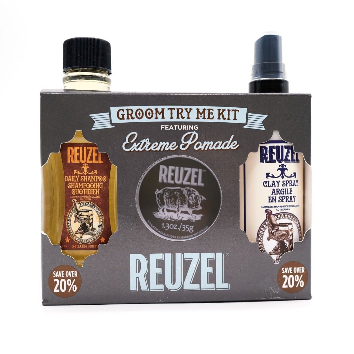Extreme Hold Try Me Kit Contains 1 Travel Size Extreme Hold Pomade (1.3oz/35g), 1 Travel Size Clay Spray (3.38oz/100ml), 1 Travel Size Daily Shampoo (3.38oz/100ml)