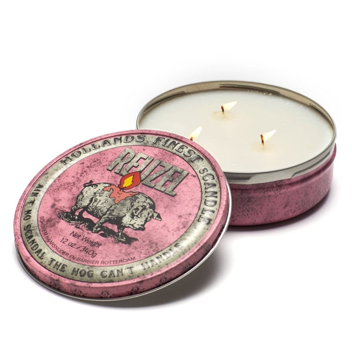 Photo of REUZEL Candle in classic Pink Pomade Tin 3 wicks lit