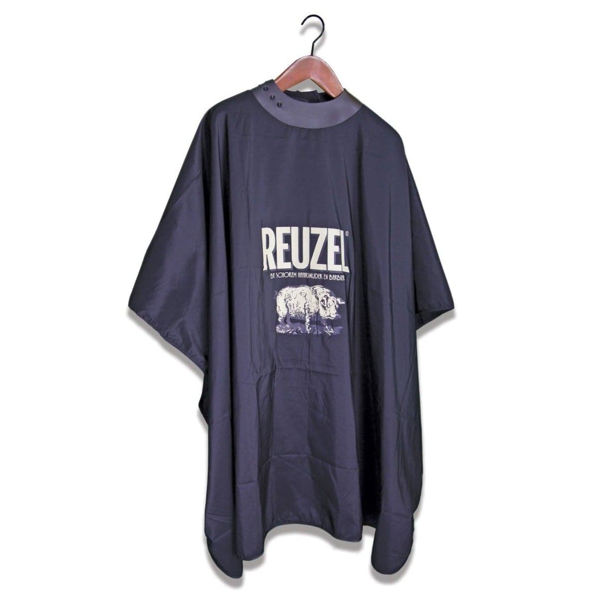 REUZEL Salon Cape in black featuring classic REUZEL white logo and REUZEL pig