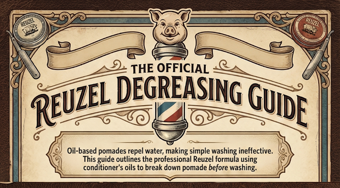 Vintage-style REUZEL degreasing guide illustrating how to remove oil-based pomade using conditioner, scrub shampoo, and proper rinsing.