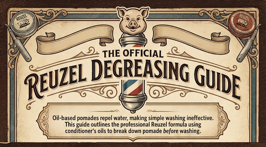 Vintage-style REUZEL degreasing guide illustrating how to remove oil-based pomade using conditioner, scrub shampoo, and proper rinsing.