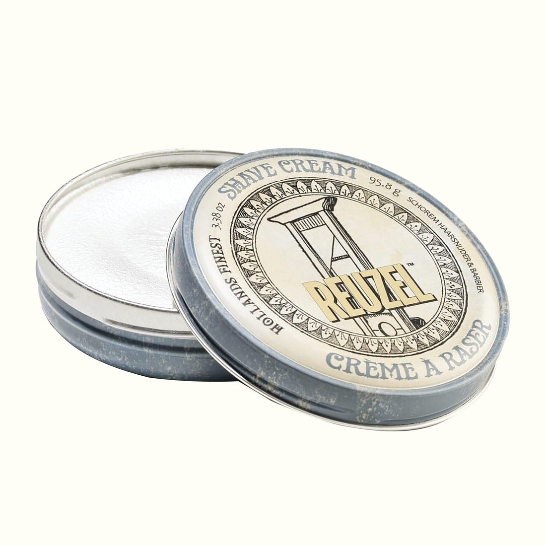 REUZEL shave cream tin shown as an example of a moisturizing shaving cream for sensitive skin