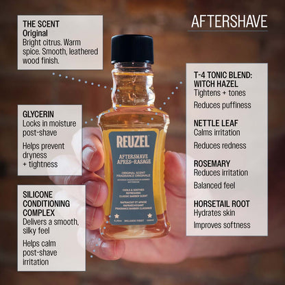 Reuzel aftershave the scent original bright cirtus warm spice smooth leathered wood finish glycerin locks in moisture post-shave helps prevent dryness and tightness silicone conditioning complex deliveres a smooth silky feel helps calm post-shave irritation t-4 tonic blend: witch hazel nettle leaf rosemary horsetail root