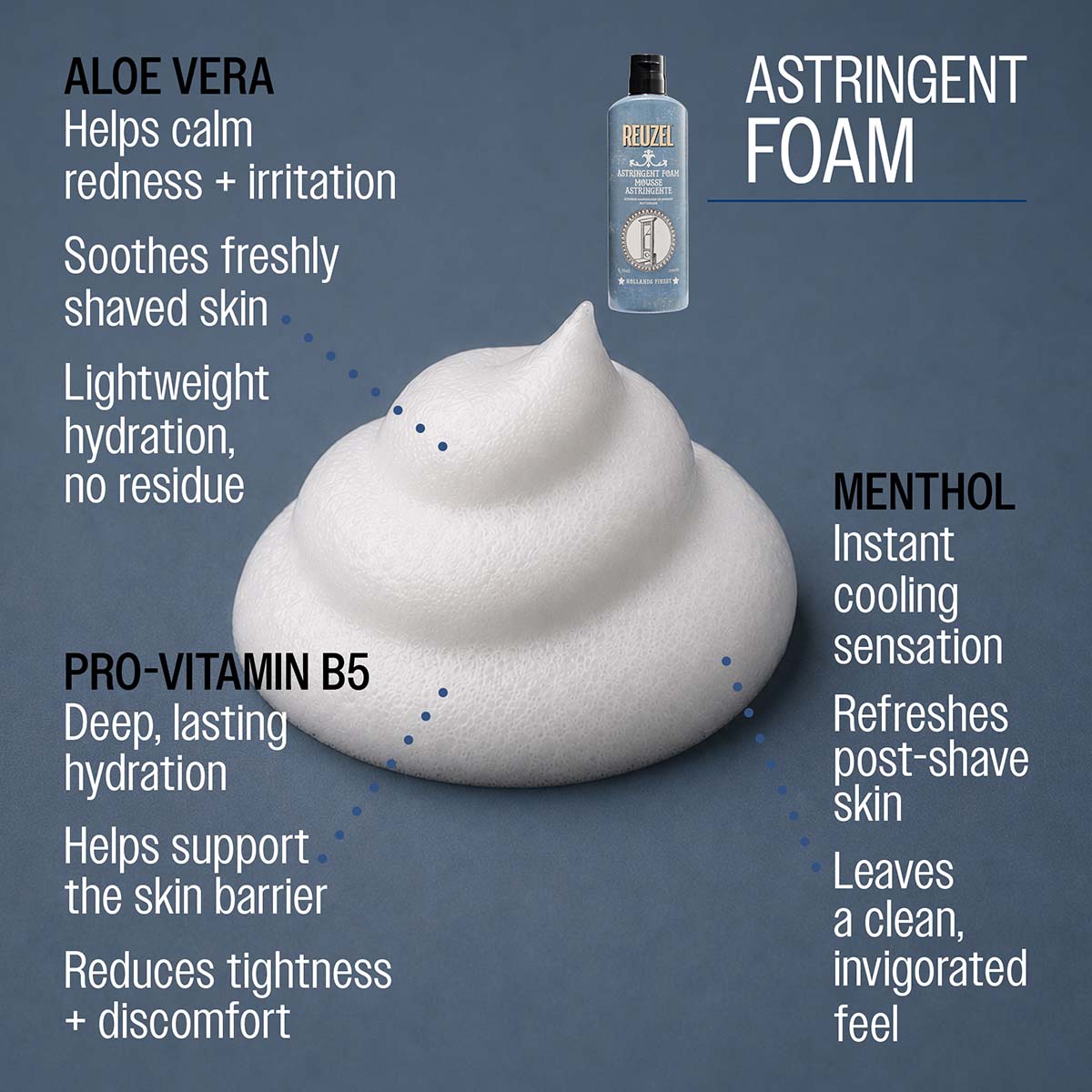 Astrigent foam aloe vera helps calm redness and irritation soothes freshly shaved skin lightweight hydration, no residue pro-vitamin b5 deep lasting hydration helps support the skin barrier reduces tightness and discomfort menthol instant cooling sensation refreshes post-shave skin leaves a clean, invigorated feel