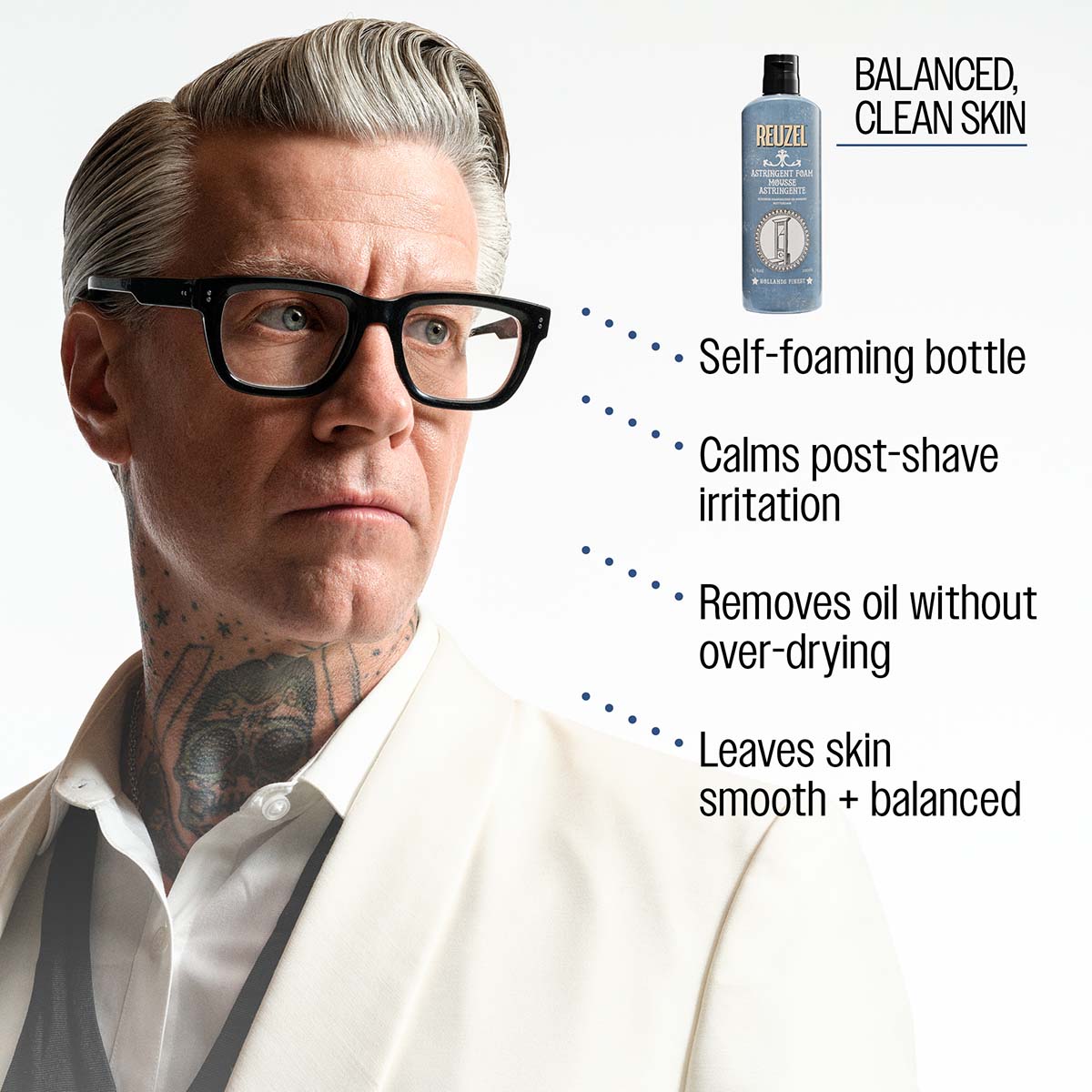 Reuzel Astringent foam balanced clean skin self-foaming bottle calms post-shave irritation removes oil without over-drying leaves skin smooth and balanced