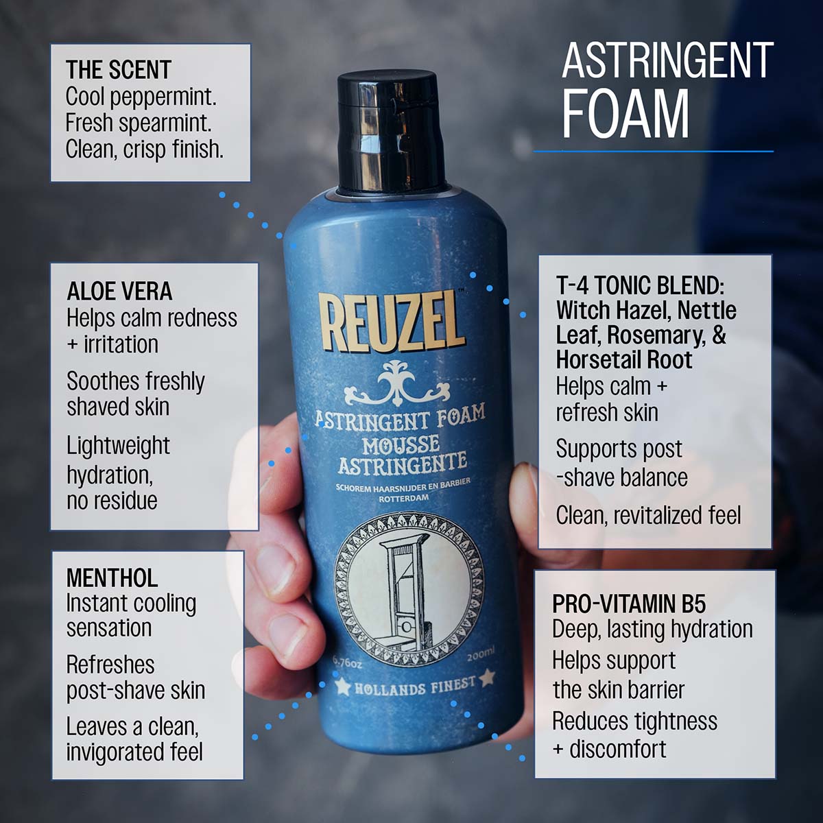 Astringent foam the scent cool peppermint fresh spearmint clean crisp finish aloe vera helps calm redness and irritation soothes freshly shaved skin lightweight hydration no residue menthol instant cooling sensation refreshes skin post shave leaves a clean invigorated feel t-4 tonic blend: witch hazel, nettle leaf, rosemary, and horsetail root helps calm and refresh skin supports post-shave balance pro-vitamin b5 deep lasting hydration helps support skin barrier reduces tightness and discomfort