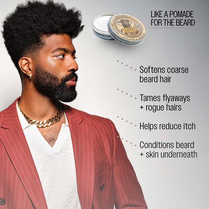 Reuzel beard balm like a pomade for the beard softens coarse beard hair tames flyaways and rogue hairs helps reduce itch conditions beard and skin underneath