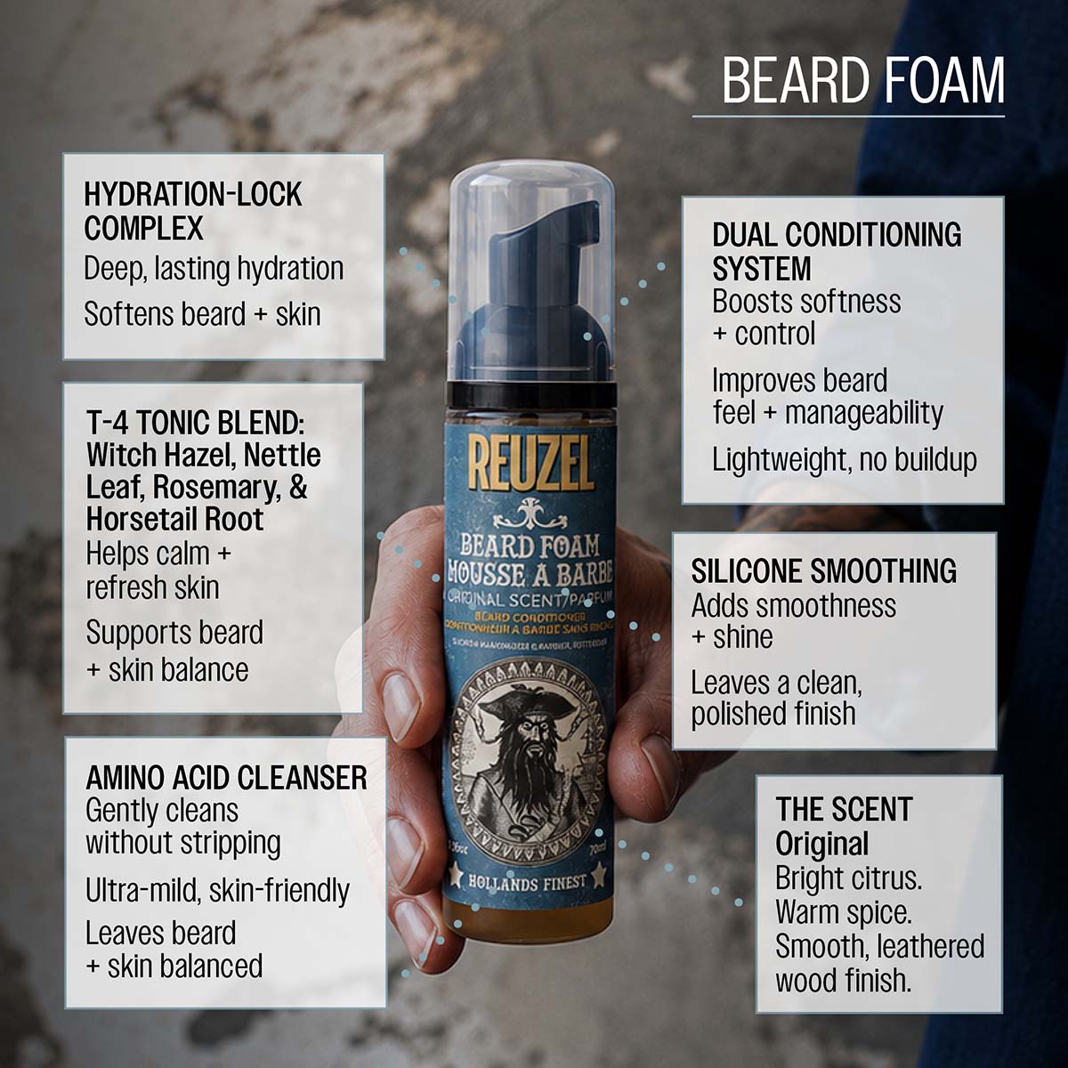 Reuzel beard foam amino acid cleanser gently cleans without stripping ultra-mild skin friendly leaves beard and skin balanced dual conditioning system boosts softness and control improves manageability lightweight no buildup silicone smoothing adds smoothness and shine improves slip and control leaves a clean polished finish hydration lock conplex deep lasting hydration the scent original bright citrus warm spice t-4 tonic blend: witch hazel, nettle leaf, rosemary, horsetail root