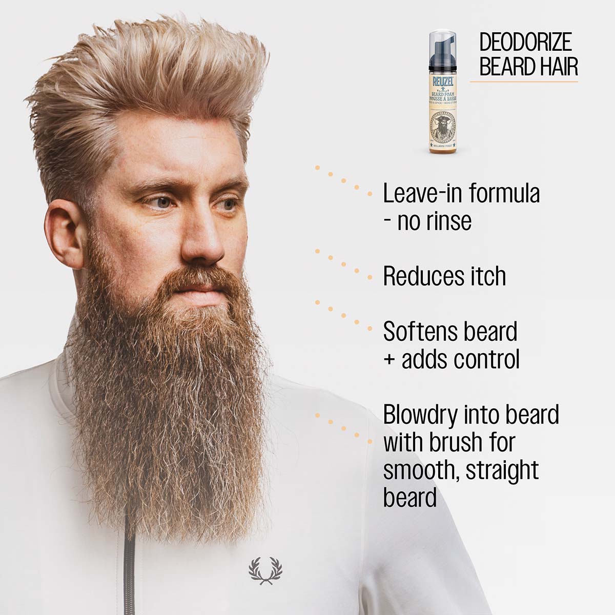 Reuzel deodorize beard hair leave-in formula no rinse reduces itch softens beard and adds control blowdry into beard with brush for smooth straight beard