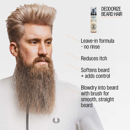 Reuzel deodorize beard hair leave-in formula no rinse reduces itch softens beard and adds control blowdry into beard with brush for smooth straight beard
