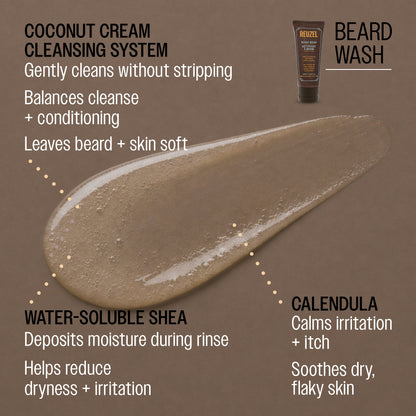 REUZEL beard wash
CAFFEINE
Invigorates skin beneath beard

CALENDULA
Calms irritation + itch
Soothes dry, flaky skin

APRICOT KERNEL OIL
Leaves beard soft
Prevents dryness

COCONUT CREAM CLEANSING SYSTEM
Gently cleans without stripping
Balances cleanse + conditioning
Leaves beard + skin soft

WATER-SOLUBLE SHEA
Deposits moisture during rinse
Helps reduce dryness + irritation