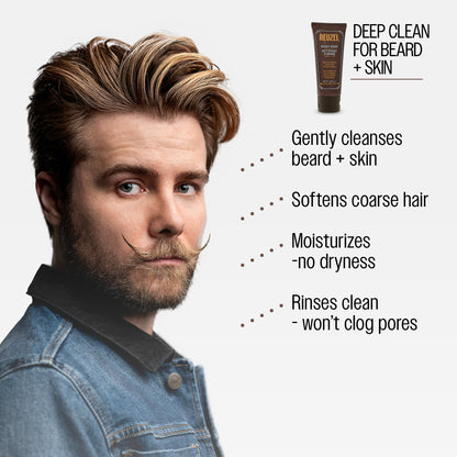 Male model with blond hair and beard with groomed mustache

REUZEL beard wash
Deep clean for beard + skin

Gently cleanses beard + skin

Softens coarse hair

Moisturizes - no dryness

Rinses clean - won’t clog pores