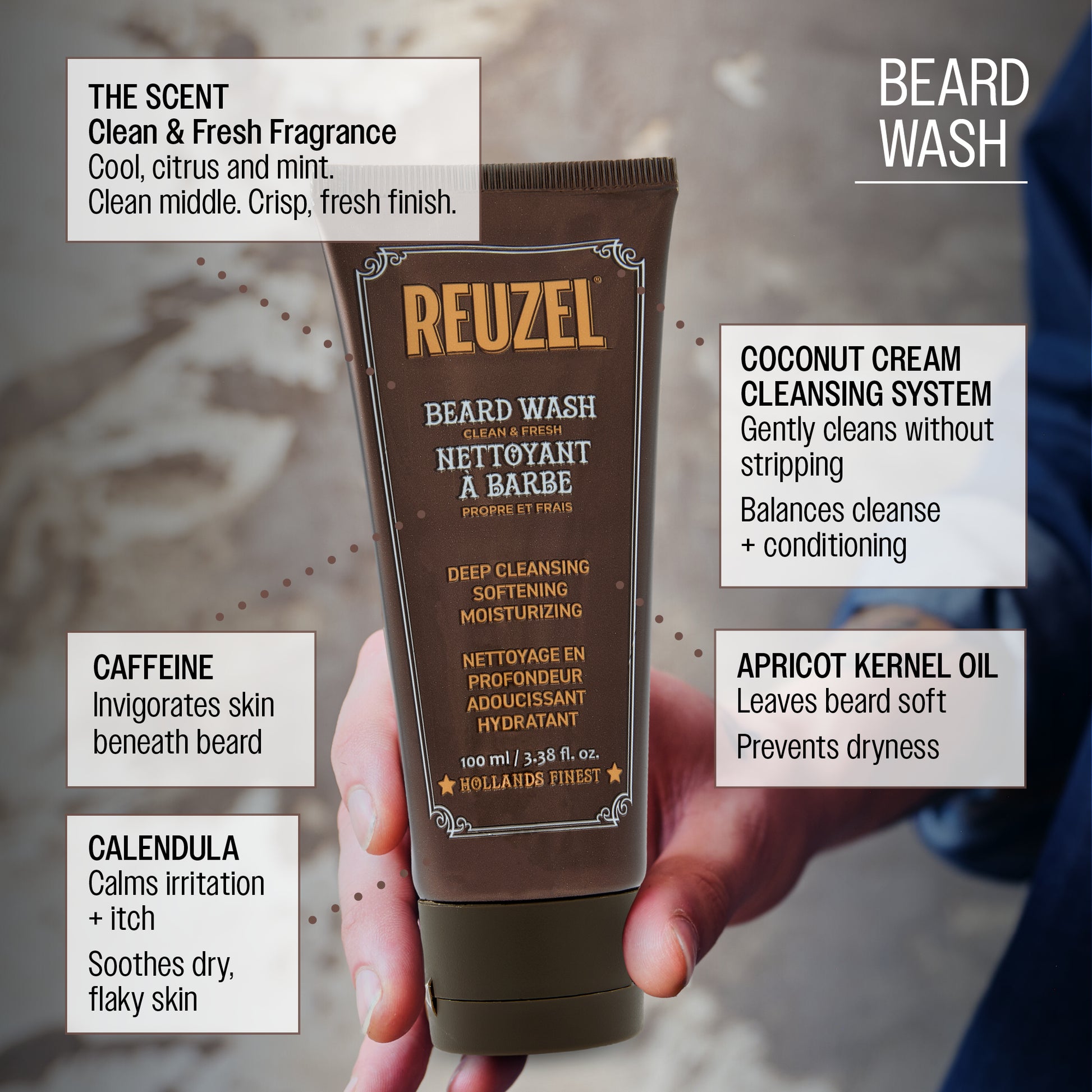 REUZEL beard wash
CAFFEINE
Invigorates skin beneath beard

CALENDULA
Calms irritation + itch
Soothes dry, flaky skin

APRICOT KERNEL OIL
Leaves beard soft
Prevents dryness

COCONUT CREAM CLEANSING SYSTEM
Gently cleans without stripping
Balances cleanse + conditioning
Leaves beard + skin soft

WATER-SOLUBLE SHEA
Deposits moisture during rinse
Helps reduce dryness + irritation

Cool citrus and mint. Clean middle. Crisp, fresh finish.