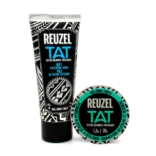 REUZEL TAT Duo Buff Exfoliating Wash  3.38oz/100ml and Hydrabalm 1.3oz/35g on white background