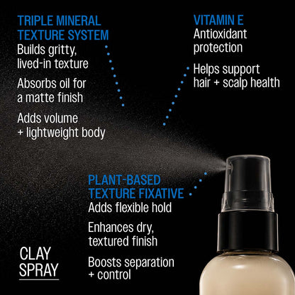 Reuzel clay spray triple mineral texture system builds gritty, lived in texture absorbs oil for a matte finish adds volume and lightweight body vitamin e antioxidant protection helps support hair and scalp health plant-based texture fixative adds flexible hold enhances dry textured finish boots seperation and control