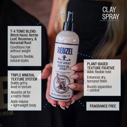 Reuzel clay spray triple mineral texture system builds gritty, lived in texture absorbs oil for a matte finish adds volume and lightweight body vitamin e antioxidant protection helps support hair and scalp health plant-based texture fixative adds flexible hold enhances dry textured finish boots seperation and control t-4 tonic blend: witch hazel, nettle leaf, rosemary, horsetail root conditions hair without weight supports flexible natural styles fragrance free