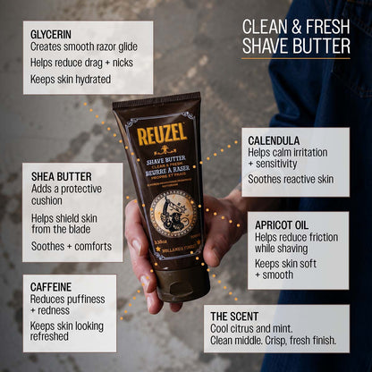Clean and fresh shave butter soothing botanical blend: caffine calendula apricot supports skin resilience helps soothe sensitivity and irritation maintains soft, comfortable skin glycerin creates smooth razor glide helps reduce drag and nicks keeps skin hydrated shea butter adds a protective cushion helps shield skin from blade soothes and comforts glycerin creates smooth razor glide helps reduce drag and nicks keeps skin hydrated apricot oil helps reduce friction the scent cool citrus and mint clean middle