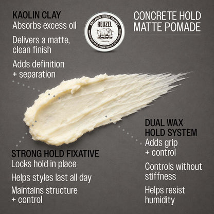 Reuzel concrete hold matte pomade kaolin clay absorbs excess oil delivers a matte clean finish adds definition and separation strong hold fixative locks hold in place helps styles last all day maintains structure and control dual wax hold system adds grip and control controls without stiffness helps resist humidity