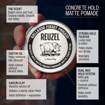 Reuzel concrete hold matte pomade kaolin clay absorbs excess oil delivers a matte clean finish adds definition and separation strong hold fixative locks hold in place helps styles last all day maintains structure and control dual wax hold system adds grip and control controls without stiffness helps resist humidity castor oil helps reinforce hair strength adds control without excess shine the scent bright citrus and fruit creamy middle smooth rich finish