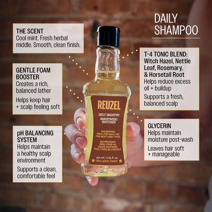 Reuzel daily shampoo ph balancing system helps maintain a healthy scalp enviornment supports a clean comfortable feel t-4 tonic blend: witch hazel, nettle leaf, rosemary, horsetail root helps reduce excess oil and buildup supports a fresh balanced scalp glycerin helps maintain moisture post-wash leaves hair soft and manageable the scent cool mint fresh herbal middle smooth clean finish
