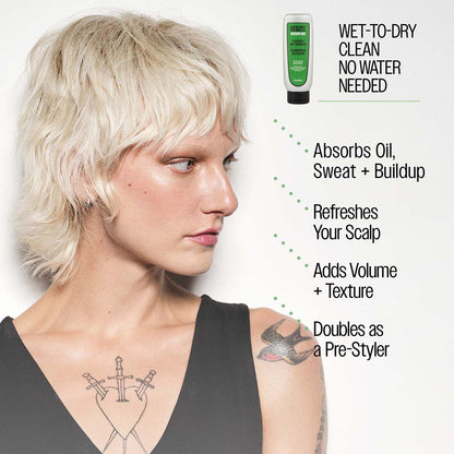 WET-TO-DRY

CLEAN

NO WATER

NEEDED
Absorbs Oil,

Sweat + Buildup
Refreshes

Your Scalp
Adds Volume

Texture

Doubles as

a Pre-Styler