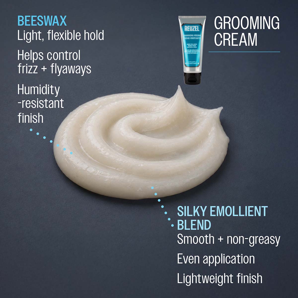 Reuzel grooming cream beeswax light flexible hold helps control frizz and flyaways humidity resistant finish silky emollient blend smooth and non greasy even application lightweight finish