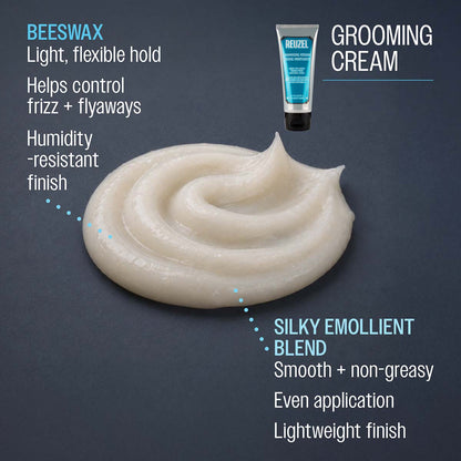 Reuzel grooming cream beeswax light flexible hold helps control frizz and flyaways humidity resistant finish silky emollient blend smooth and non greasy even application lightweight finish