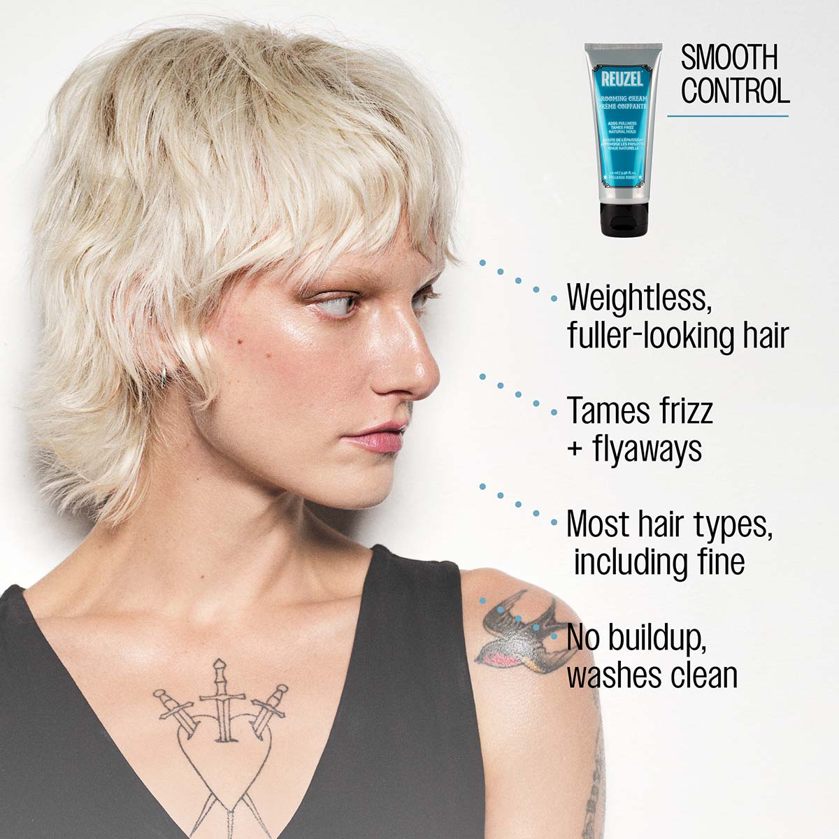 Reuzel grooming cream smooth control weightless fuller-looking hair tames frizz and flyaway most hair types including fine no buildup, washes clean