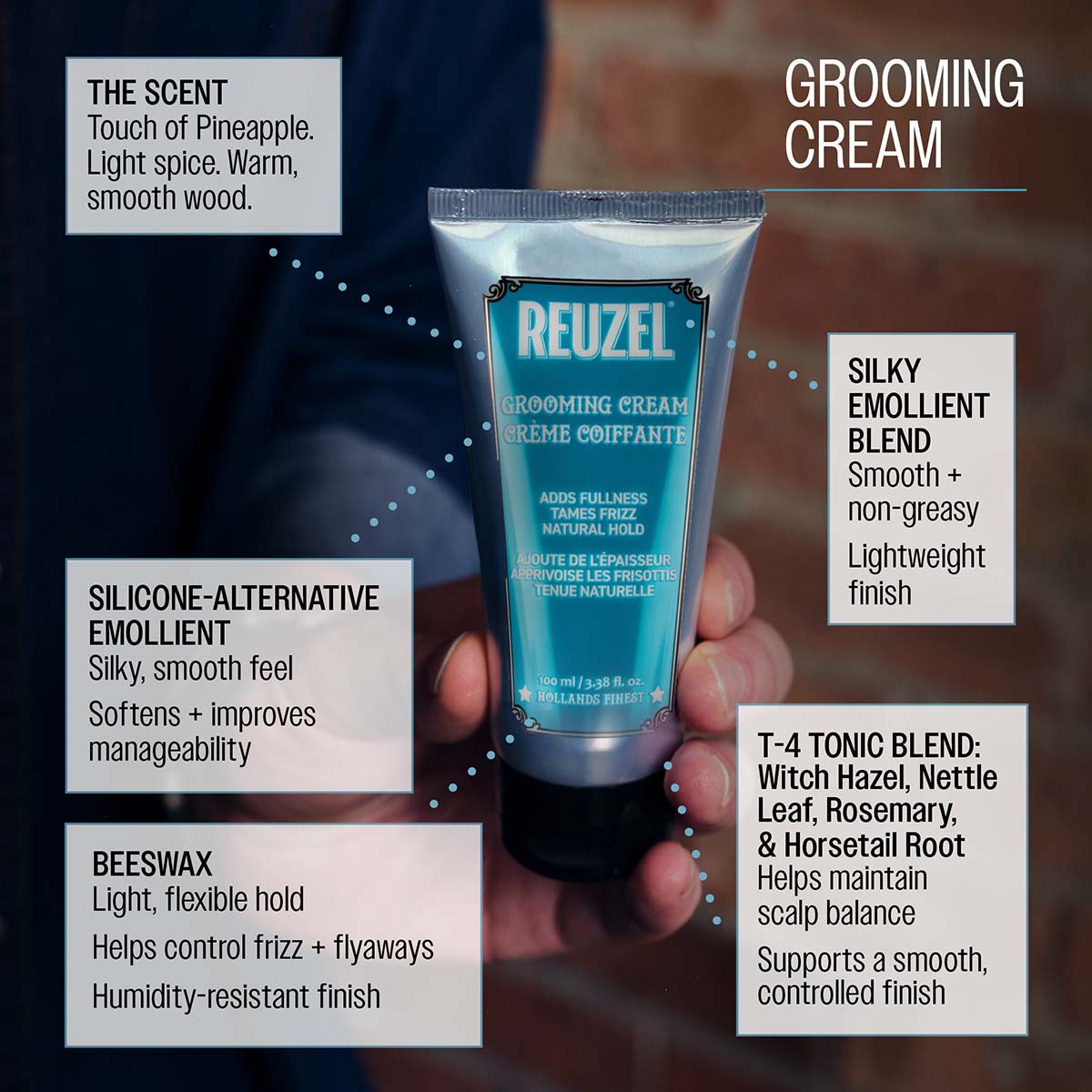 Reuzel grooming cream beeswax light flexible hold helps control frizz and flyaways humidity resistant finish silky emollient blend smooth and non greasy even application lightweight finish silicone alternative emollient silky smooth feel softens and improves manageability t-4 tonic blend: witch hazel, nettle leaf, rosemary, and horsetail root helps maintain scalp balance supports a smooth controlled finish the scent touch of pineapple light spice warm smooth wood