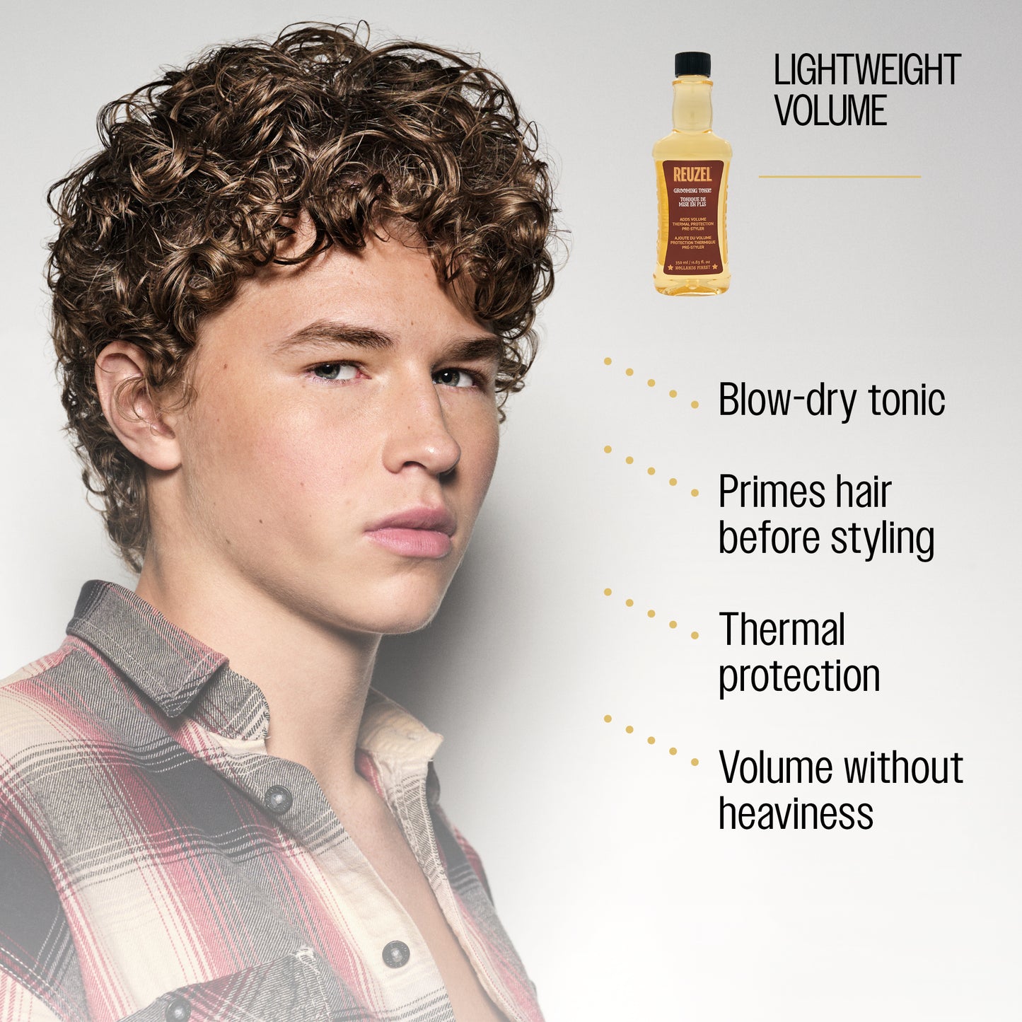 LIGHTWEIGHT VOLUME
Blow-dry tonic
Primes hair before styling
Thermal protection
Volume without heaviness