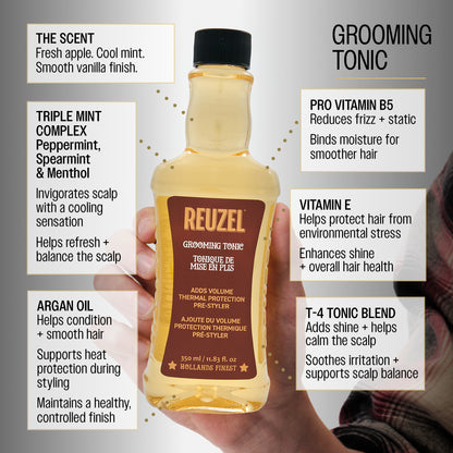 GROOMING TONIC
THE SCENT
Fresh apple. Cool mint. Smooth vanilla finish.
TRIPLE MINT COMPLEX
Peppermint, Spearmint & Menthol
Invigorates scalp with a cooling sensation
Helps refresh + balance the scalp
PRO VITAMIN B5
Reduces frizz + static
Binds moisture for smoother hair
VITAMIN E
Helps protect hair from environmental stress
Enhances shine + overall hair health
ARGAN OIL
Helps condition + smooth hair
Supports heat protection during styling
Maintains a healthy, controlled finish
T-4 TONIC BLEND
Adds shine + 