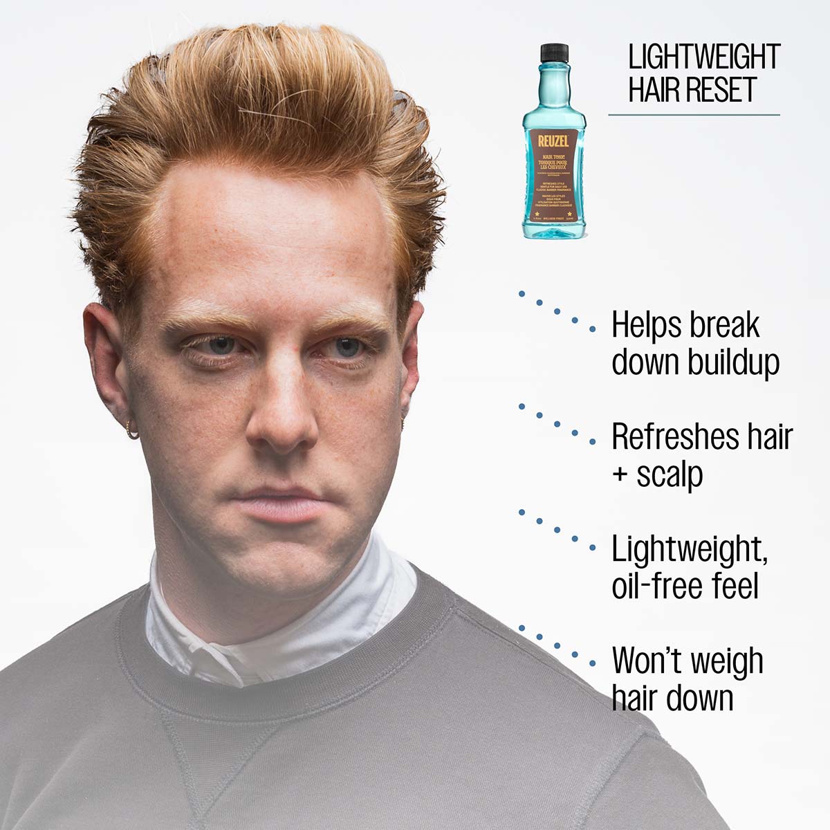 Reuzel hair tonic lightweight hair reset helps break down buildup refreshes hair and scalp lightweight oil-free feel wont weigh hair down