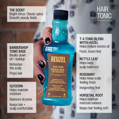 Reuzel hair tonic barbershop tonic base breaks down oil and buildup refreshes the scalp preps hair for styling t-4 tonic blend: witch hazel, nettle leaf, rosemary, and horsetail root helps keep scalp feeling fresh supports a clean, balanced feel promotes a healthy looking finish glycerin helps maintain moisture balances dryness keeps hair and scalp comfortable the scent bright citrus classic spice smooth woody finish