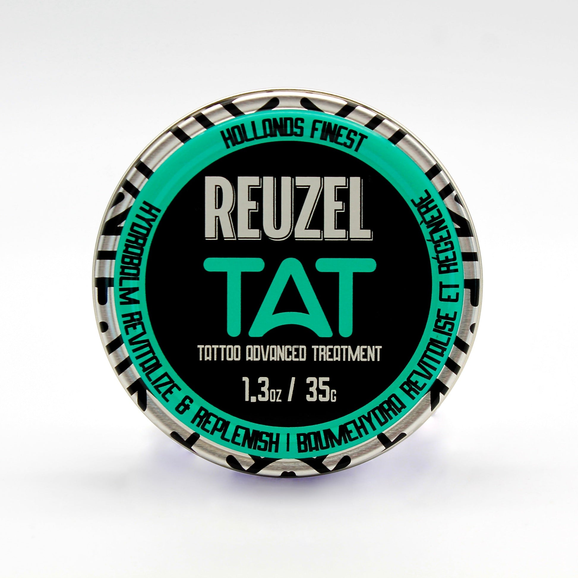 Image of REUZEL Hydrabalm skincare product in a 1.3oz/35g tin. Hydrating balm for tattoos or skin.