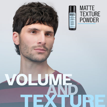 Male model with short black hair
REUZEL Matte Texture Powder
VOLUME AND TEXTURE