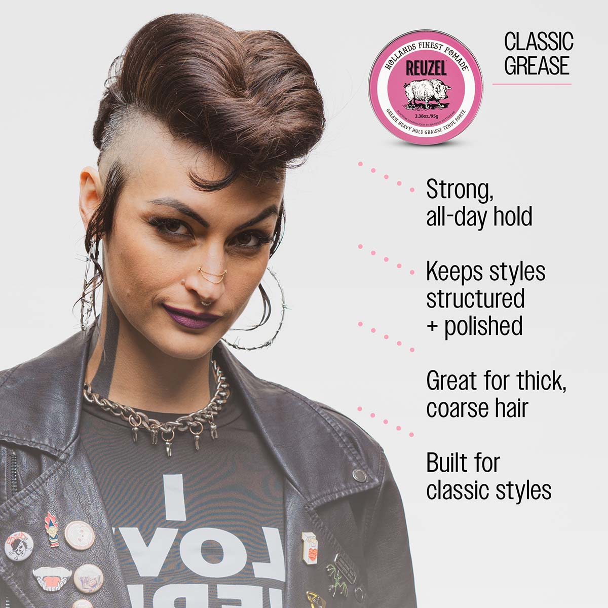 Reuzel pink pomade classic grease strong all day hold keeps styles structured and polished great for thick coarse hair built for classic styles