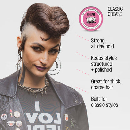 Reuzel pink pomade classic grease strong all day hold keeps styles structured and polished great for thick coarse hair built for classic styles