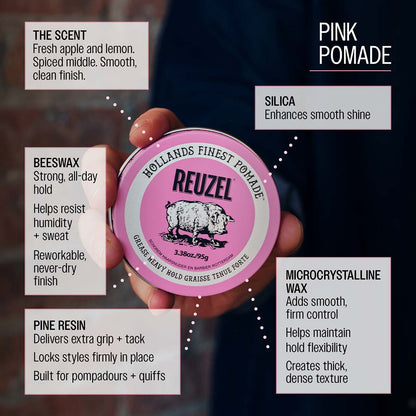 Reuzel pink pomade beeswax strong all day hold helps resist humidity and sweat reworkable never dry finish microcrystalline wax adds smooth firm control helps maintain hold flexibility creates thick dense texture silica enhances smooth shine promotes polished finish pine resin delivers extra grip and tack locks styles firmly in place built for pompadours and quiffs the scent fresh apple and lemon spiced middle smooth clean finish