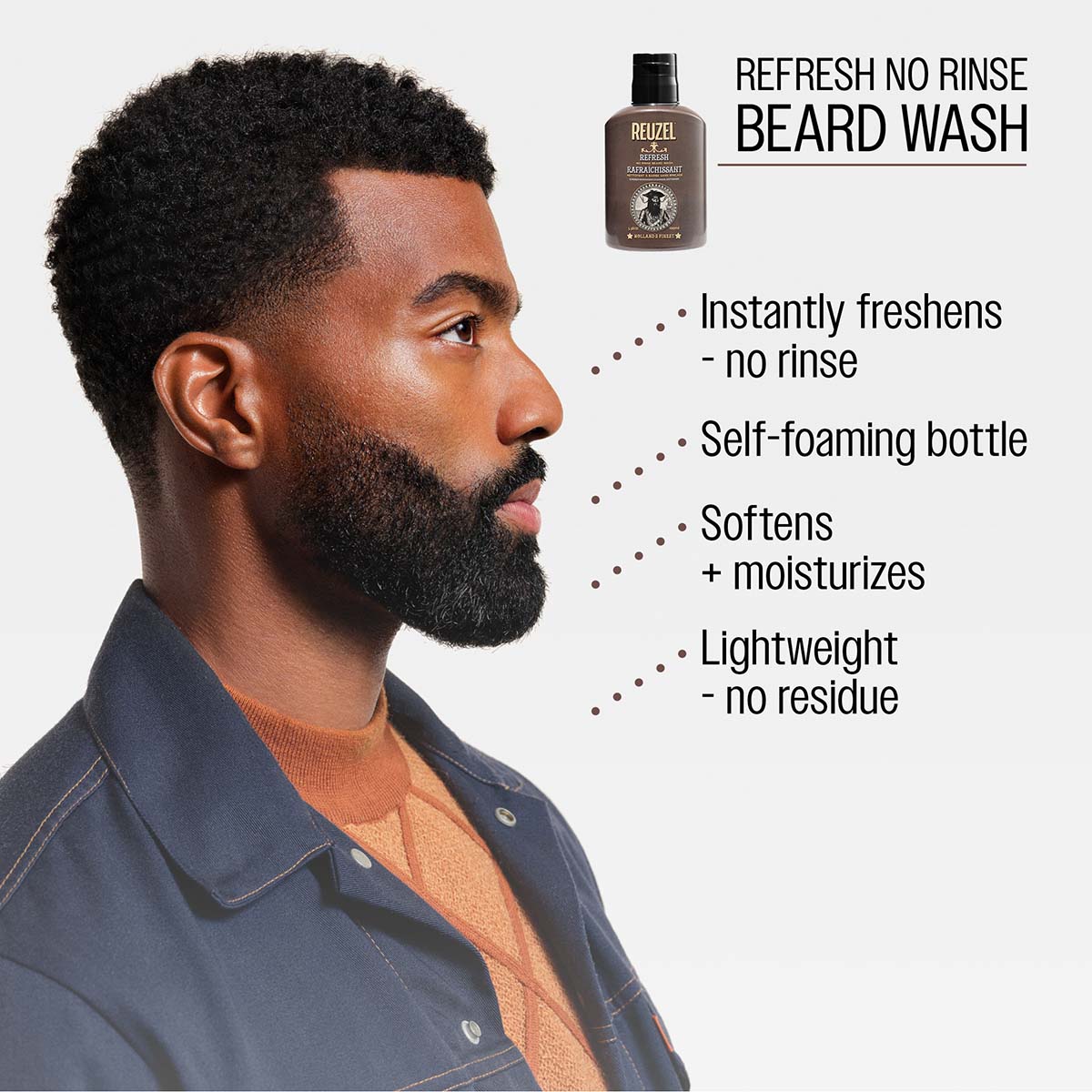REFRESH NO RINSE

BEARD WASH
Instantly freshens - no rinse

Self-foaming bottle

Softens + moisturizes

Lightweight - no residue