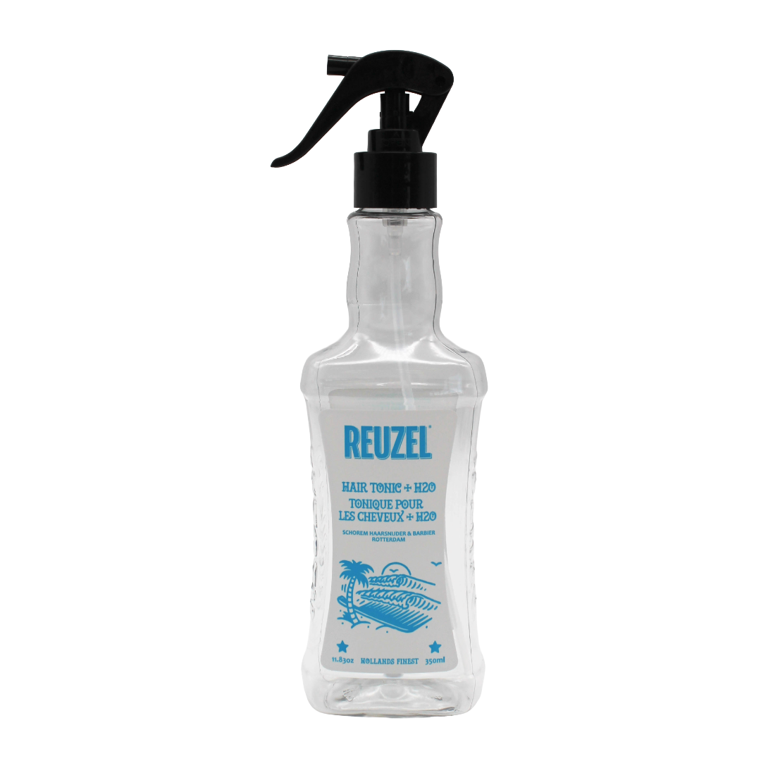 Clear spray bottle with black nozzle labeled 'Reuzel' on a white background
